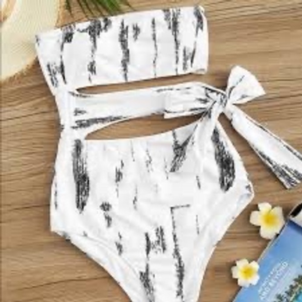 Womens White Black Abstract Print Wrap Tie Bandeau High Waist Bathing Suit XL